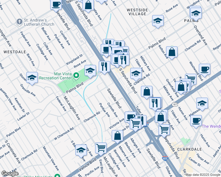 map of restaurants, bars, coffee shops, grocery stores, and more near 3516 Sawtelle Boulevard in Los Angeles