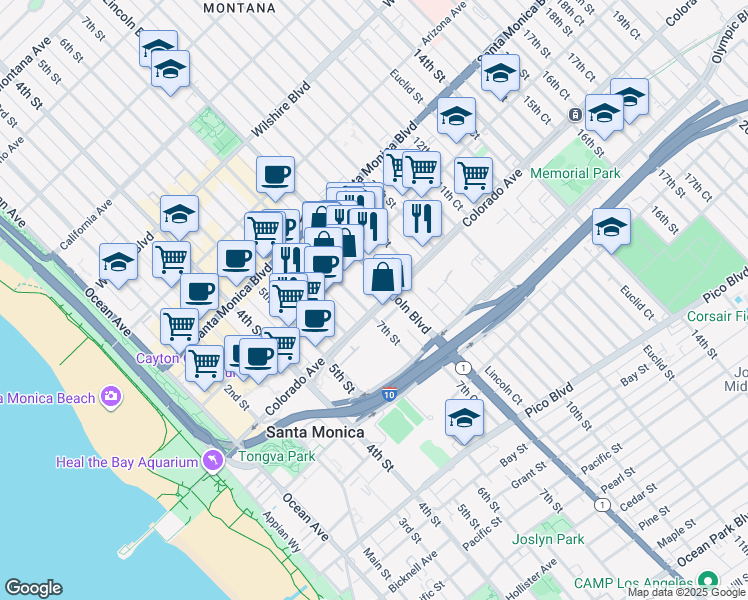 map of restaurants, bars, coffee shops, grocery stores, and more near 1537 7th Street in Santa Monica