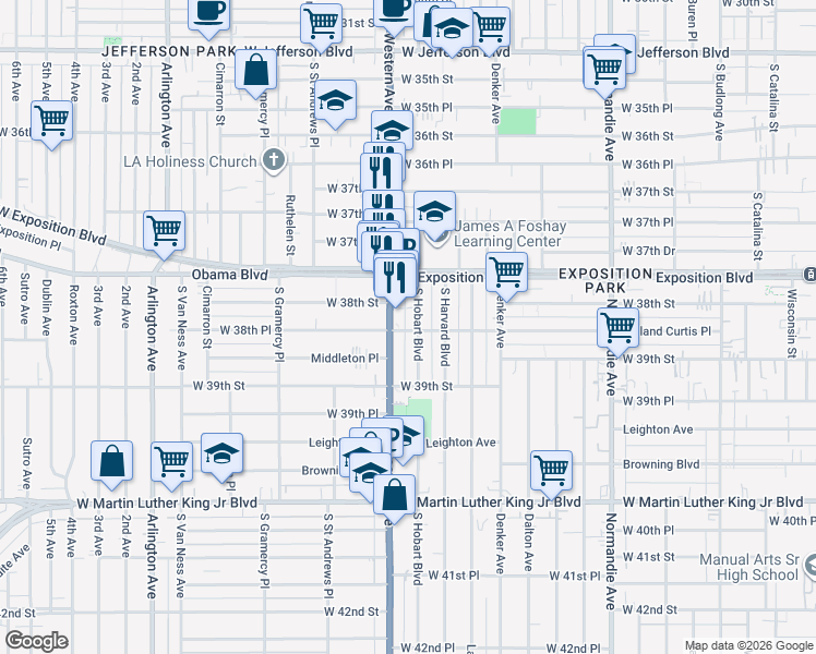 map of restaurants, bars, coffee shops, grocery stores, and more near 3813 South Hobart Boulevard in Los Angeles