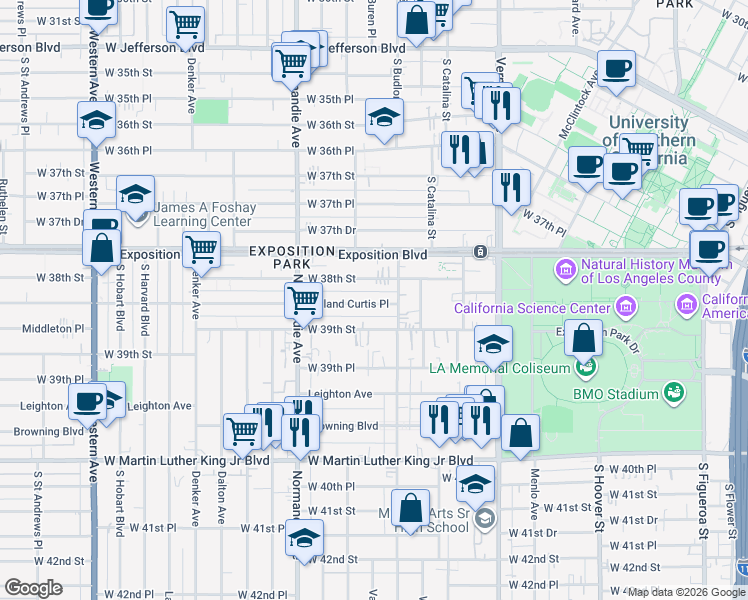 map of restaurants, bars, coffee shops, grocery stores, and more near 1200 West 38th Street in Los Angeles