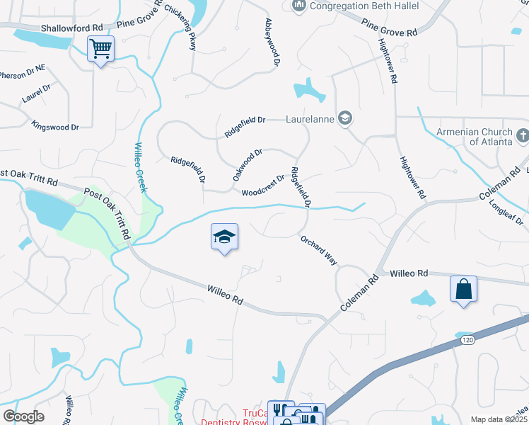 map of restaurants, bars, coffee shops, grocery stores, and more near 1920 Ridgefield Court in Roswell