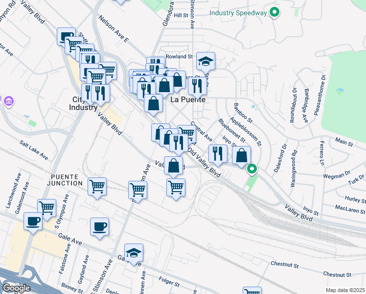 map of restaurants, bars, coffee shops, grocery stores, and more near 16101 Old Valley Boulevard in La Puente