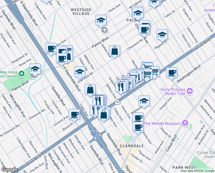 map of restaurants, bars, coffee shops, grocery stores, and more near 3667 Military Avenue in Los Angeles