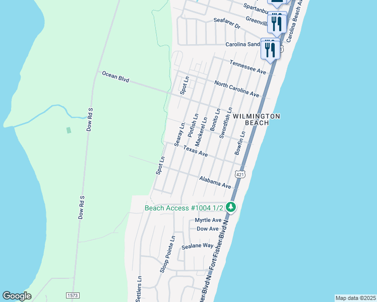 map of restaurants, bars, coffee shops, grocery stores, and more near 605 Texas Avenue in Carolina Beach