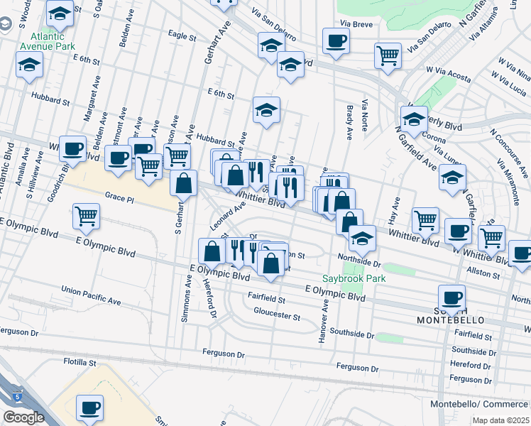 map of restaurants, bars, coffee shops, grocery stores, and more near 6057 Allston Street in East Los Angeles