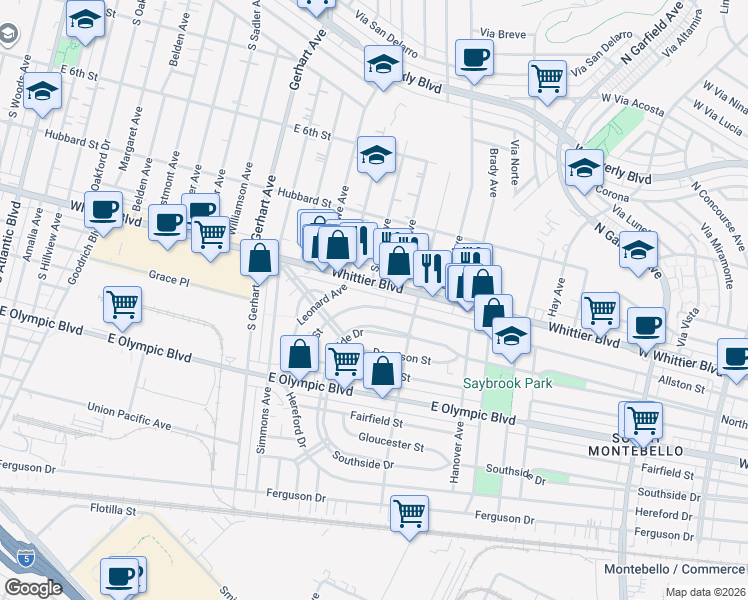 map of restaurants, bars, coffee shops, grocery stores, and more near 6057 Allston Street in East Los Angeles