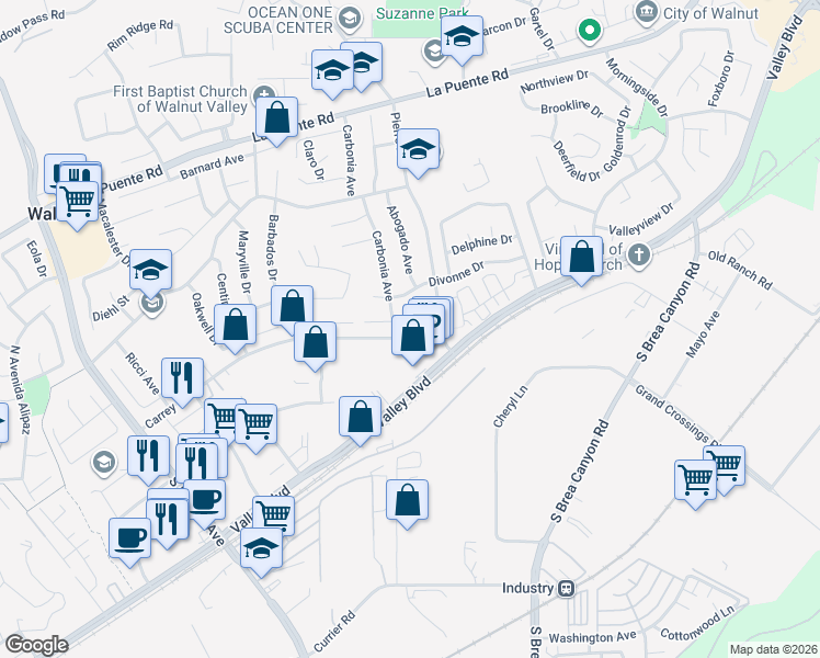 map of restaurants, bars, coffee shops, grocery stores, and more near 20824 East Fuero Drive in Walnut