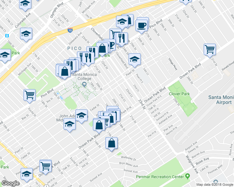 map of restaurants, bars, coffee shops, grocery stores, and more near 2401 21st Street in Santa Monica