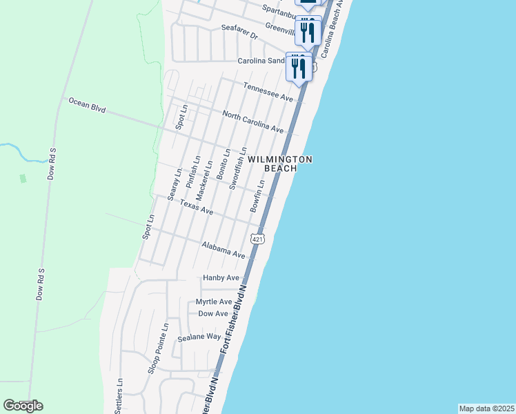 map of restaurants, bars, coffee shops, grocery stores, and more near 1500 South Lake Park Boulevard in Carolina Beach