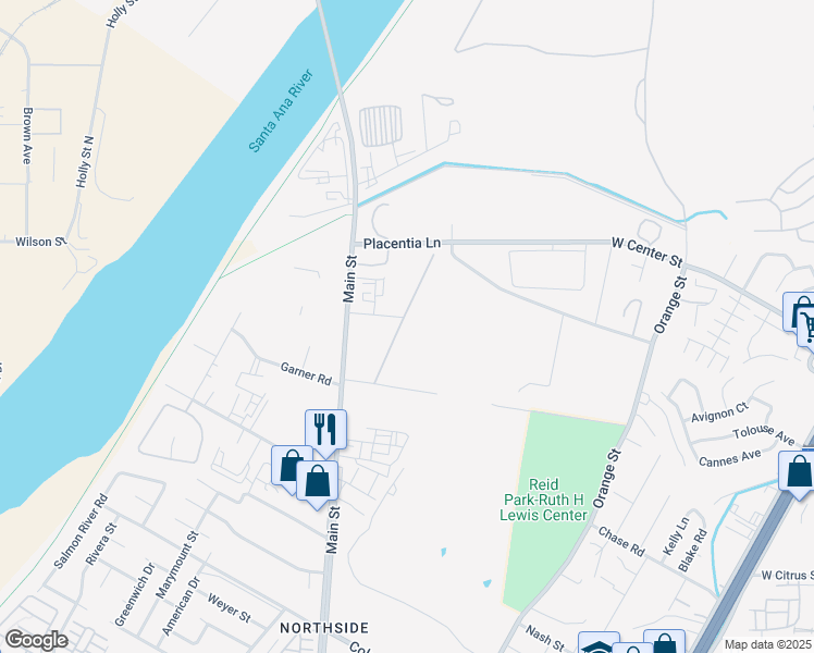 map of restaurants, bars, coffee shops, grocery stores, and more near 3700 Placentia Lane in Riverside
