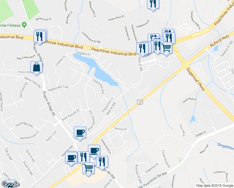 map of restaurants, bars, coffee shops, grocery stores, and more near 2500 Kingsbrooke Lane in Duluth