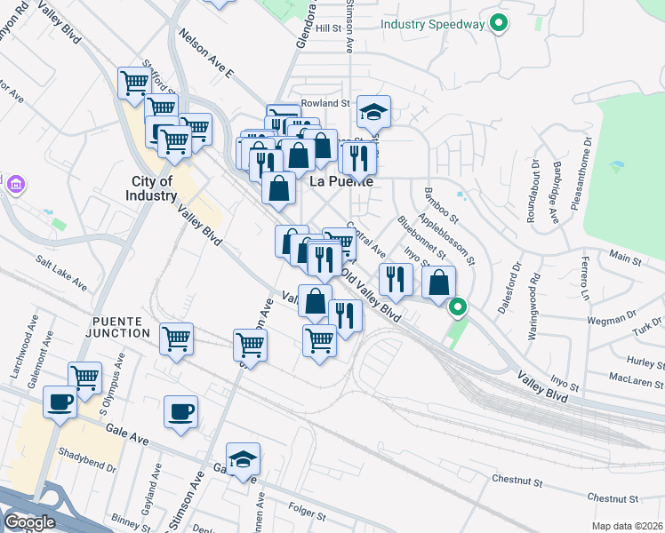 map of restaurants, bars, coffee shops, grocery stores, and more near 16110 Old Valley Boulevard in La Puente