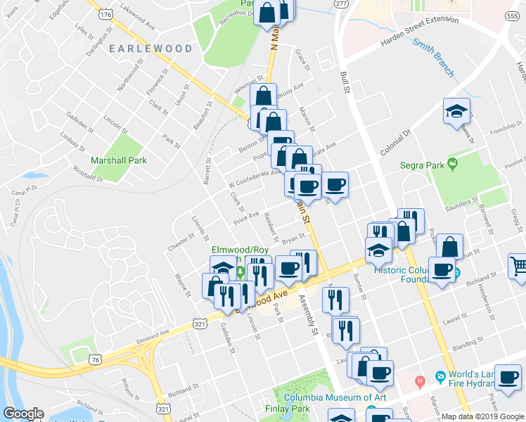 map of restaurants, bars, coffee shops, grocery stores, and more near 1035 Price Avenue in Columbia