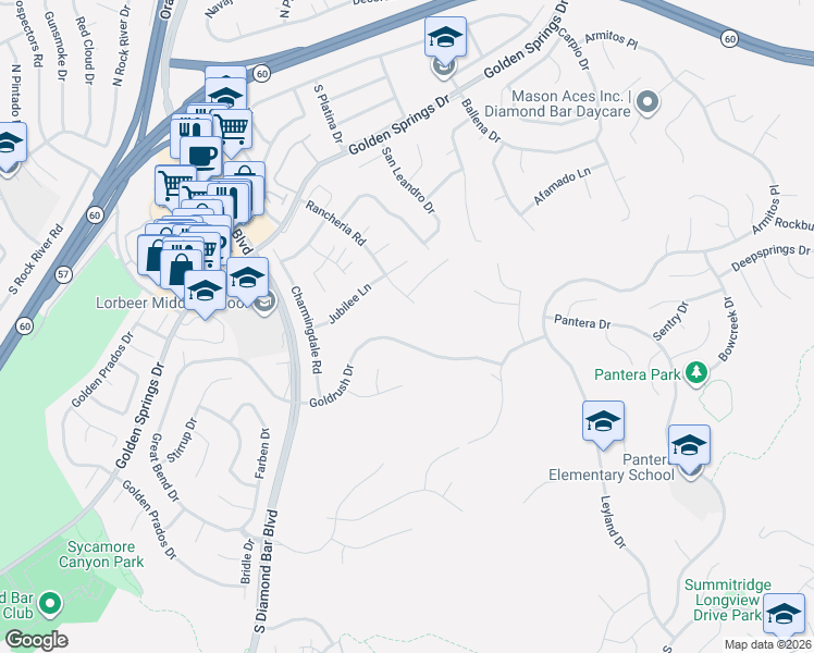 map of restaurants, bars, coffee shops, grocery stores, and more near 23803 Goldrush Drive in Diamond Bar