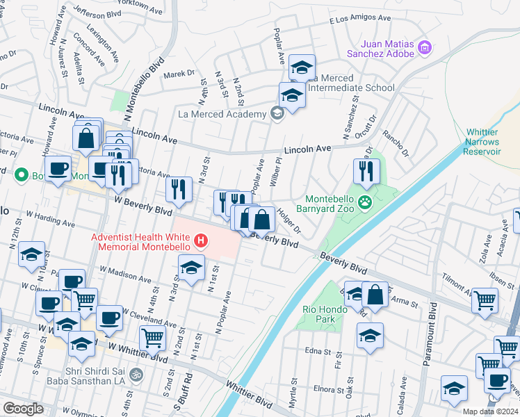 map of restaurants, bars, coffee shops, grocery stores, and more near 205 Victoria Avenue in Montebello