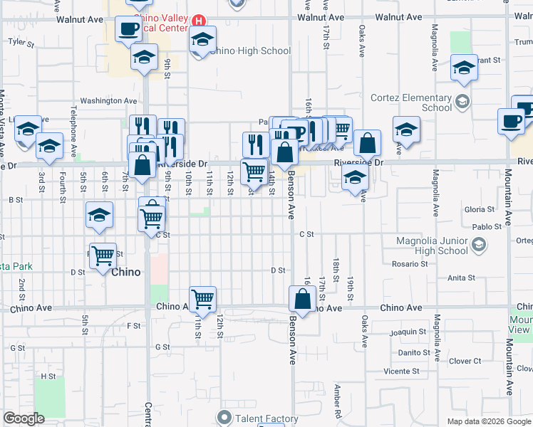 map of restaurants, bars, coffee shops, grocery stores, and more near 13009 13th Street in Chino