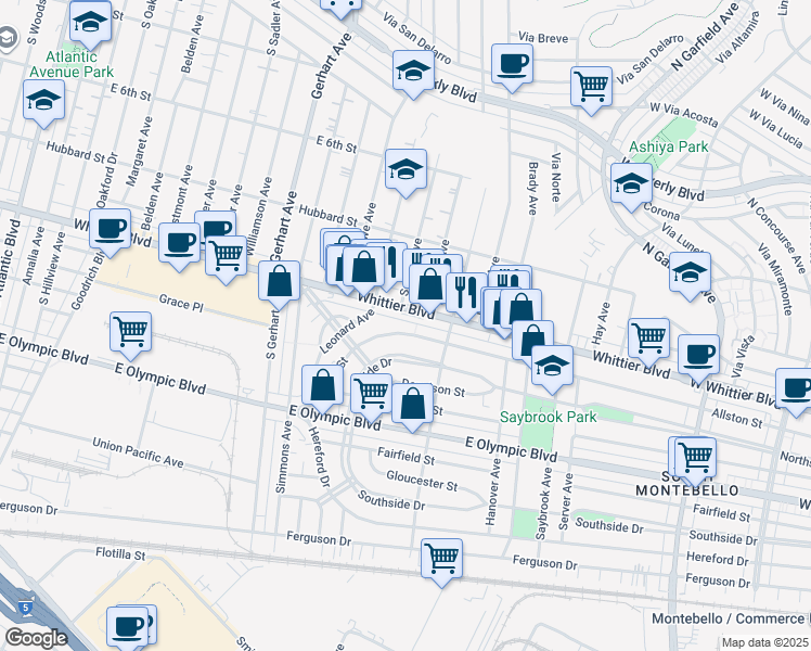 map of restaurants, bars, coffee shops, grocery stores, and more near 6016 Whittier Boulevard in East Los Angeles