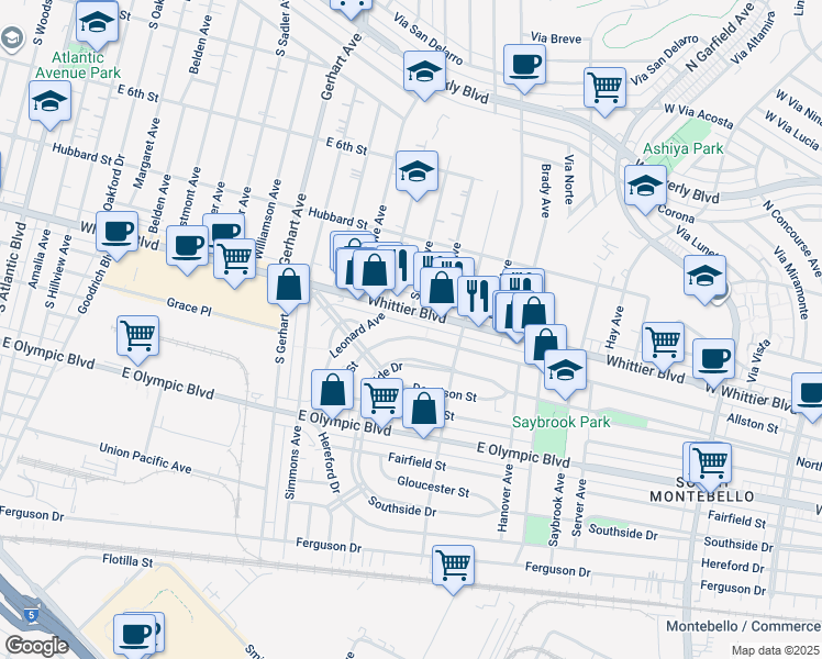 map of restaurants, bars, coffee shops, grocery stores, and more near 6016 Whittier Boulevard in East Los Angeles
