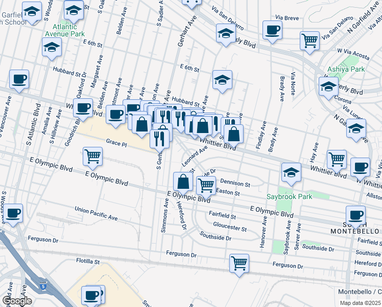 map of restaurants, bars, coffee shops, grocery stores, and more near 949 Leonard Place in East Los Angeles