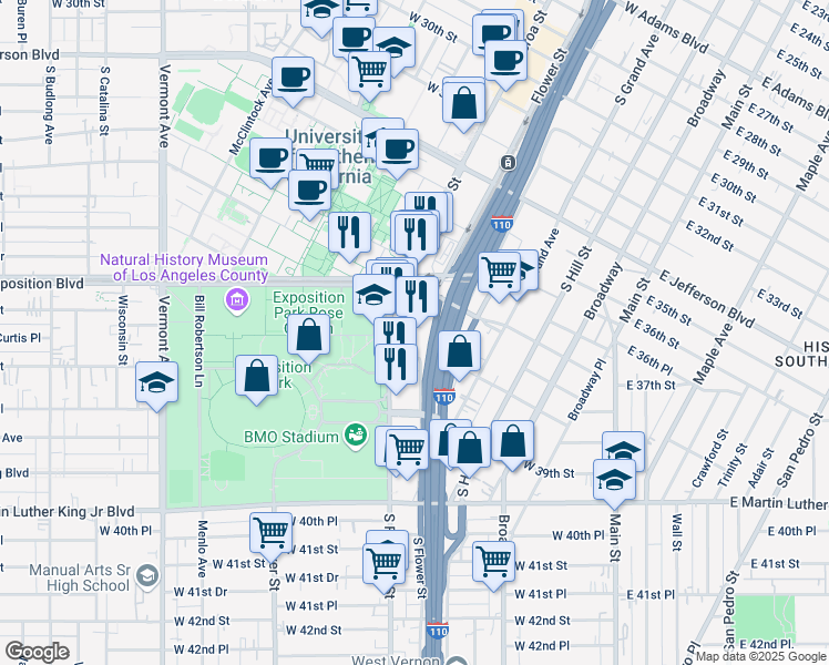 map of restaurants, bars, coffee shops, grocery stores, and more near 3748 South Figueroa Street in Los Angeles