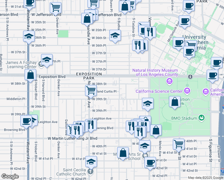 map of restaurants, bars, coffee shops, grocery stores, and more near 1200 West 38th Street in Los Angeles