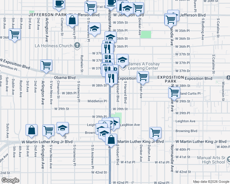 map of restaurants, bars, coffee shops, grocery stores, and more near 3813 South Hobart Boulevard in Los Angeles