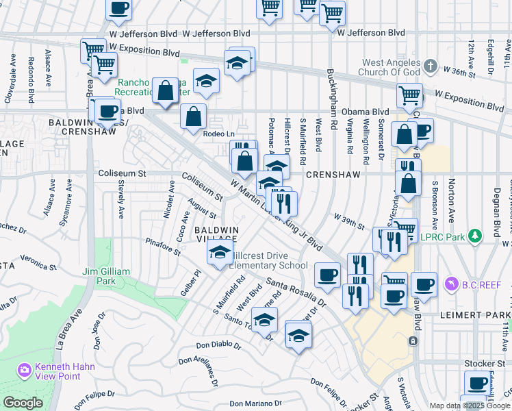 map of restaurants, bars, coffee shops, grocery stores, and more near 4410 West Martin Luther King Junior Boulevard in Los Angeles