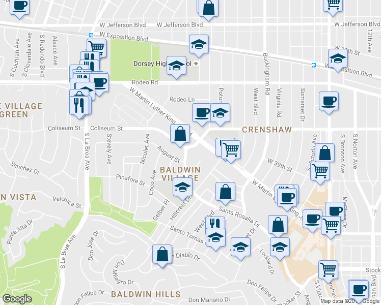 map of restaurants, bars, coffee shops, grocery stores, and more near 4601 Coliseum Street in Los Angeles