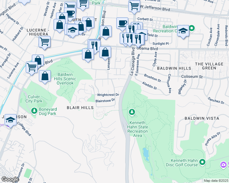 map of restaurants, bars, coffee shops, grocery stores, and more near 3852 Leeview Court in Culver City