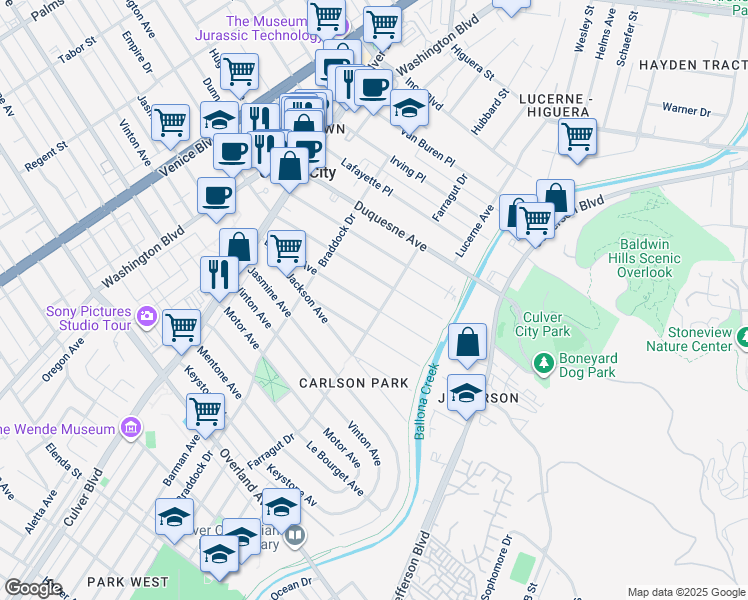 map of restaurants, bars, coffee shops, grocery stores, and more near 4175 Madison Avenue in Culver City