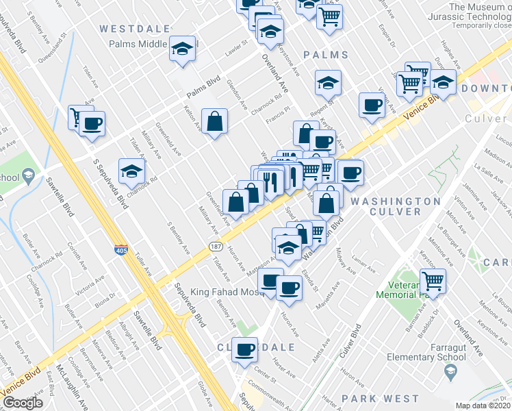 map of restaurants, bars, coffee shops, grocery stores, and more near in Los Angeles