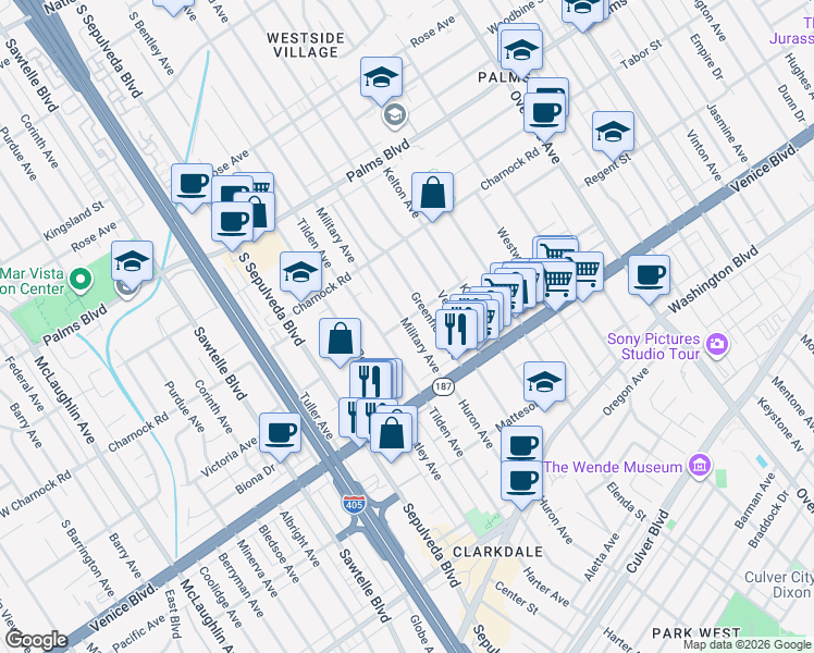 map of restaurants, bars, coffee shops, grocery stores, and more near 3667 Military Avenue in Los Angeles