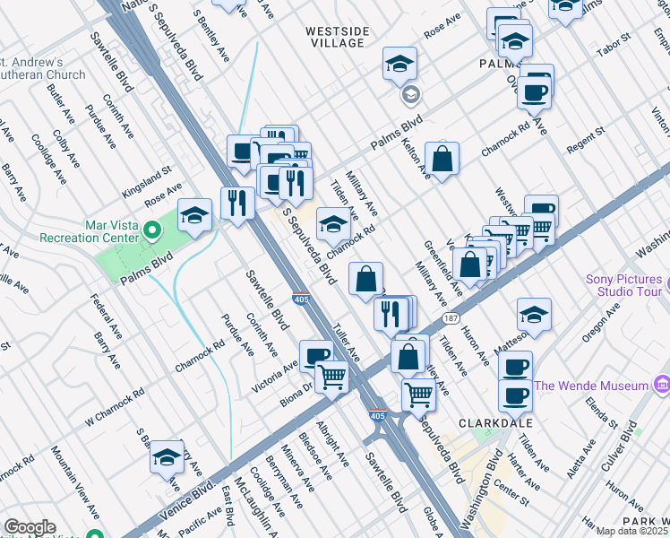 map of restaurants, bars, coffee shops, grocery stores, and more near 3621 South Bentley Avenue in Los Angeles