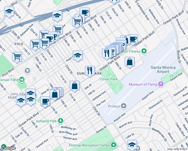 map of restaurants, bars, coffee shops, grocery stores, and more near in Santa Monica