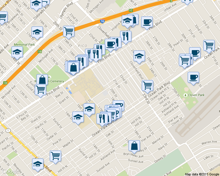 map of restaurants, bars, coffee shops, grocery stores, and more near 2009 Pearl Street in Santa Monica