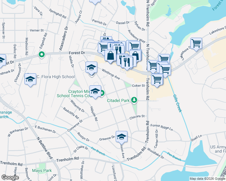 map of restaurants, bars, coffee shops, grocery stores, and more near 5119 Furman Avenue in Columbia