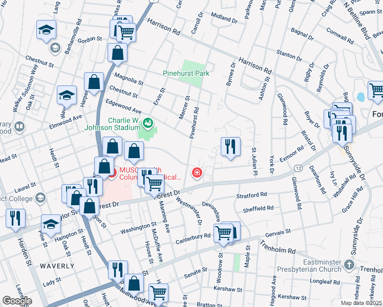 map of restaurants, bars, coffee shops, grocery stores, and more near 1732 Pinehurst Road in Columbia