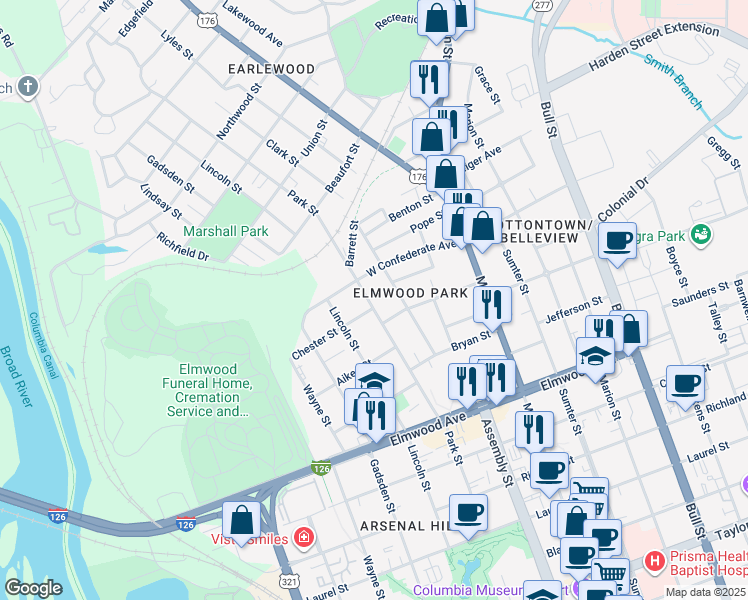 map of restaurants, bars, coffee shops, grocery stores, and more near 2425 Clark Street in Columbia