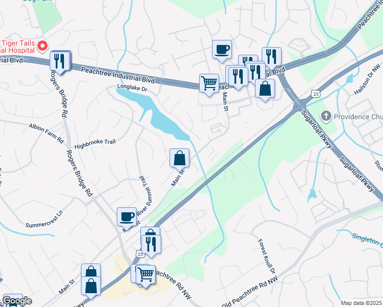 map of restaurants, bars, coffee shops, grocery stores, and more near 2500 Kingsbrooke Lane in Duluth