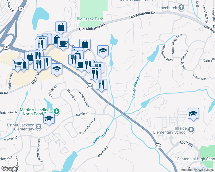 map of restaurants, bars, coffee shops, grocery stores, and more near 165 Terramont Court in Roswell