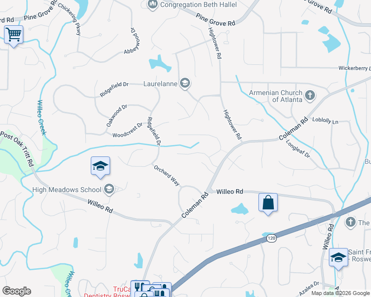 map of restaurants, bars, coffee shops, grocery stores, and more near 4025 Manor Place Drive in Roswell