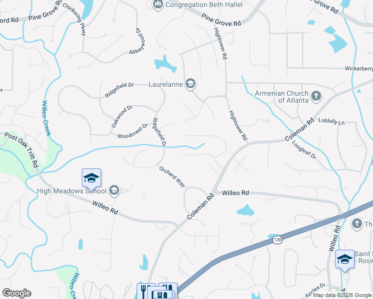 map of restaurants, bars, coffee shops, grocery stores, and more near 1080 Ashley Manor Drive in Roswell