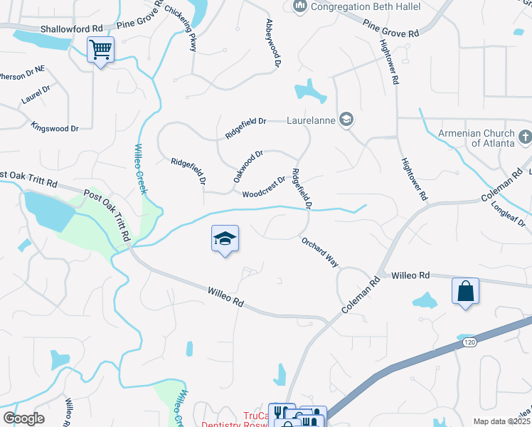 map of restaurants, bars, coffee shops, grocery stores, and more near 1920 Ridgefield Court in Roswell