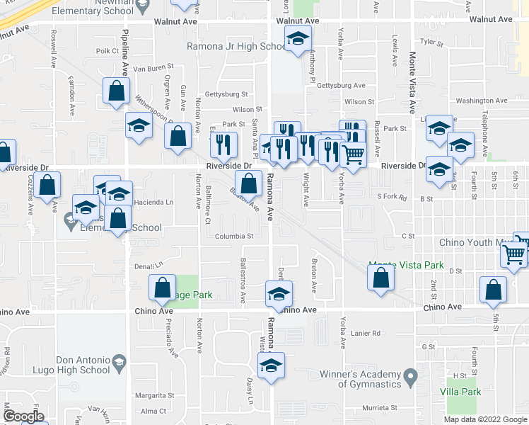 map of restaurants, bars, coffee shops, grocery stores, and more near 12957 Ramona Avenue in Chino