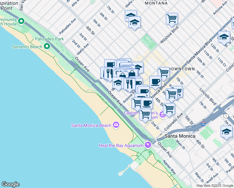 map of restaurants, bars, coffee shops, grocery stores, and more near 1221 Ocean Avenue in Santa Monica