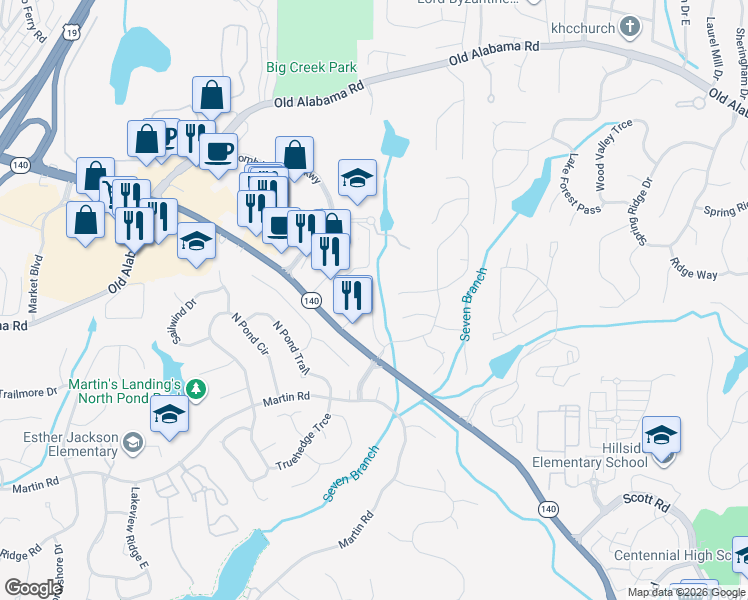 map of restaurants, bars, coffee shops, grocery stores, and more near 165 Terramont Court in Roswell