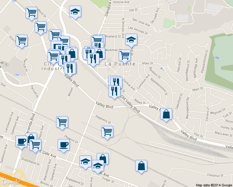 map of restaurants, bars, coffee shops, grocery stores, and more near 16110 Old Valley Boulevard in La Puente
