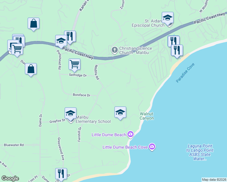 map of restaurants, bars, coffee shops, grocery stores, and more near 6742 Wildlife Road in Malibu