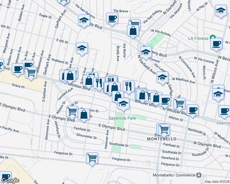 map of restaurants, bars, coffee shops, grocery stores, and more near 746 South Brady Avenue in East Los Angeles