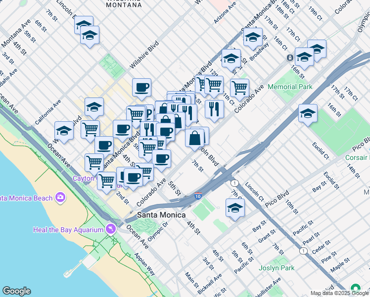 map of restaurants, bars, coffee shops, grocery stores, and more near 1537 7th Street in Santa Monica
